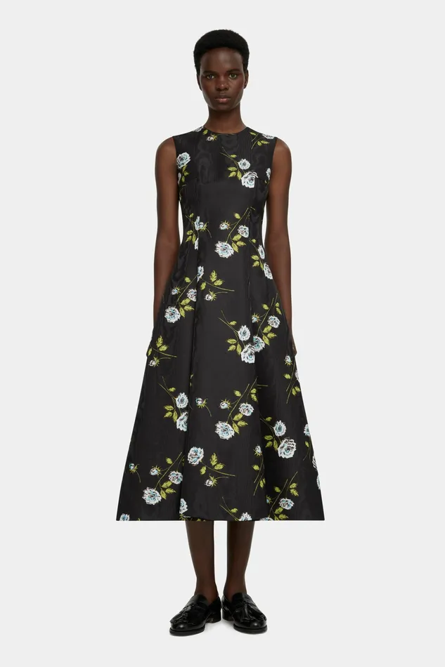 Dresses Women Emilia Wickstead Mara Dress in Floral Printed Rose Stems Black Moire