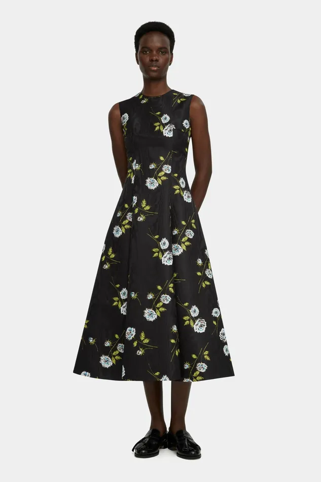 Dresses Women Emilia Wickstead Mara Dress in Floral Printed Rose Stems Black Moire