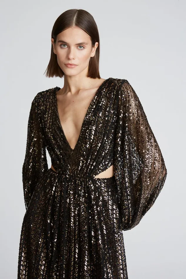 Dresses Women Halston Madelyn Gown In Sequins Black Gold