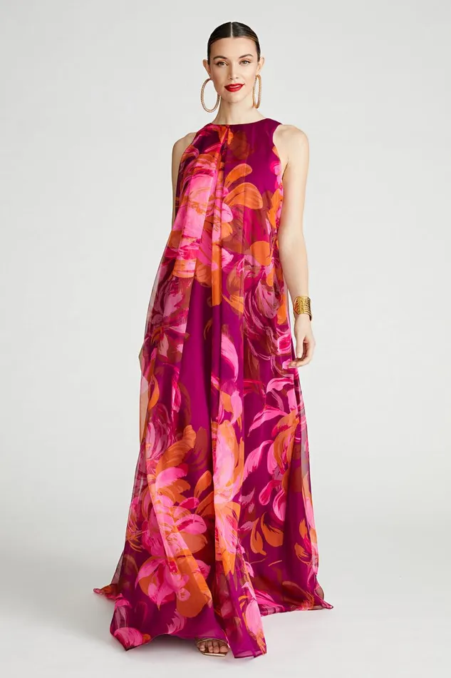 Dresses Women Halston Moira Gown In Printed Chiffon Chrysanthemum