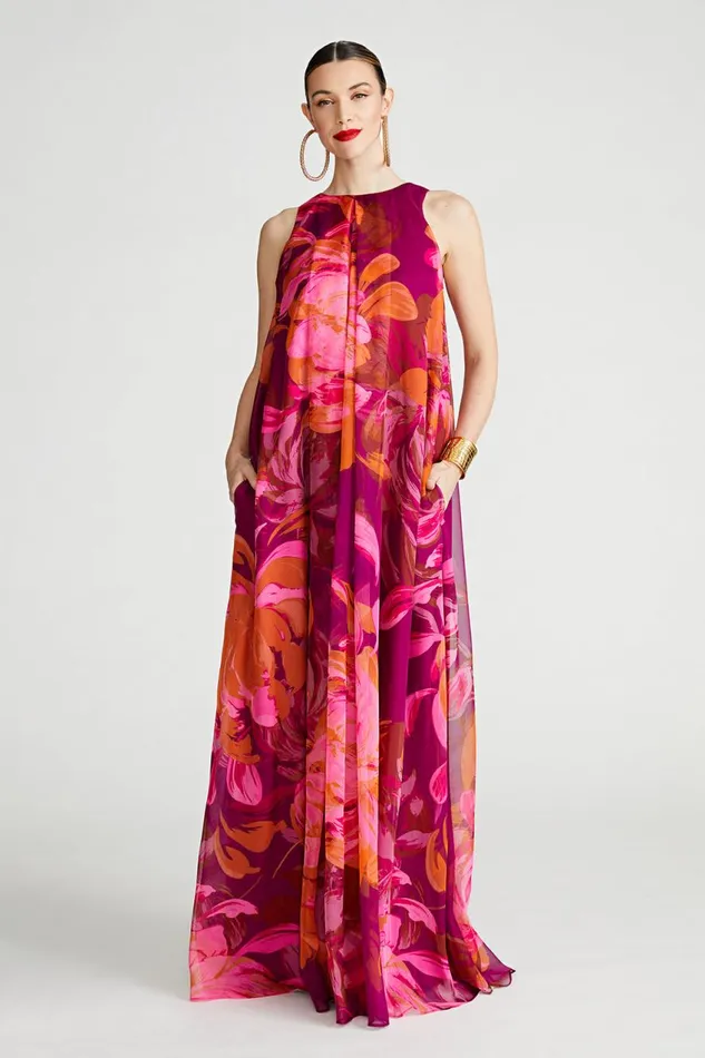 Dresses Women Halston Moira Gown In Printed Chiffon Chrysanthemum