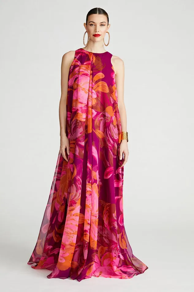 Dresses Women Halston Moira Gown In Printed Chiffon Chrysanthemum