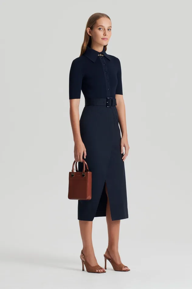 Dresses Women Scanlan Theodore CREPE KNIT PENCIL COTTON DRESS NAVY