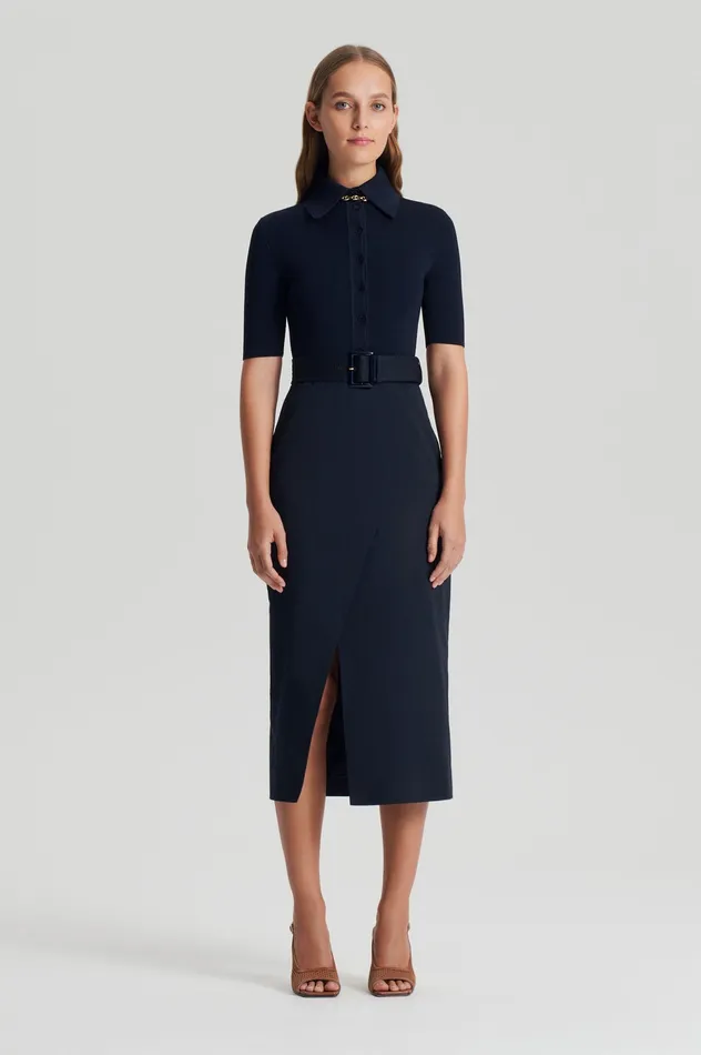 Dresses Women Scanlan Theodore CREPE KNIT PENCIL COTTON DRESS NAVY