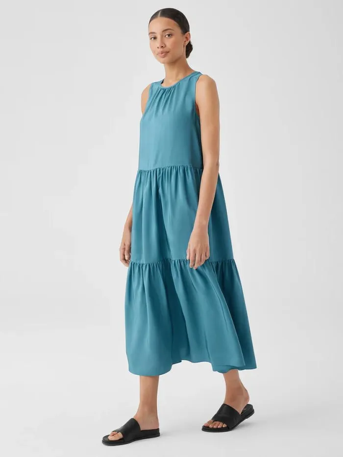 Eileen Fisher Extended Sizing 1X3X Washed Silk Tiered Dress River 8211 Shop