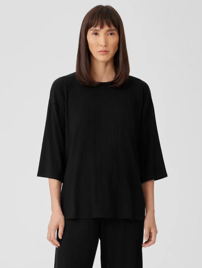 Eileen Fisher Petite Variegated Rib Knit Crew Neck Long Top Black 8211 Shop