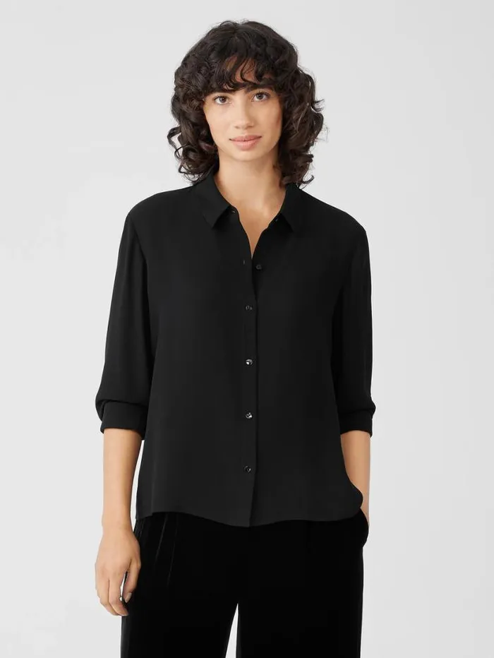 Eileen Fisher Tops and Tees Silk Georgette Crepe Classic Collar Shirt Black 8211 Shop