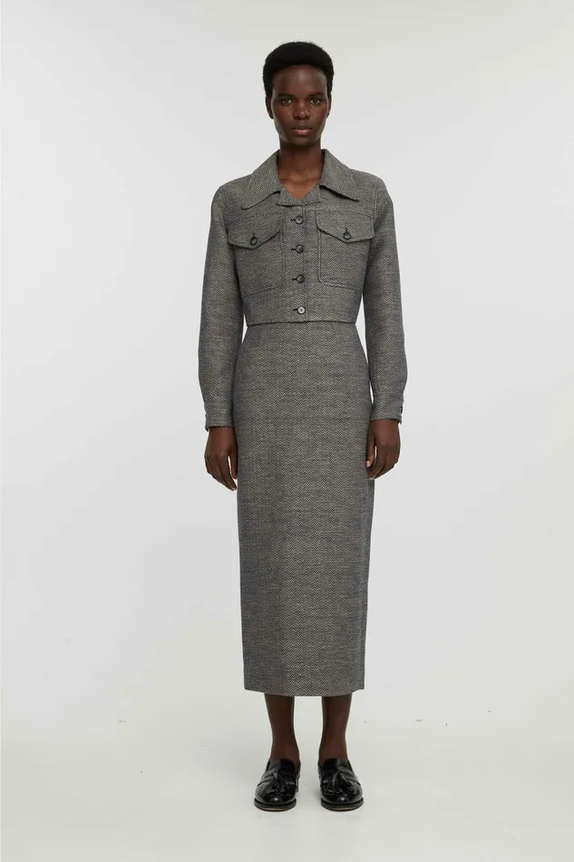 Emilia Wickstead Skirts Women Lorelei Dress In Navy and Ivory Chevron Weave