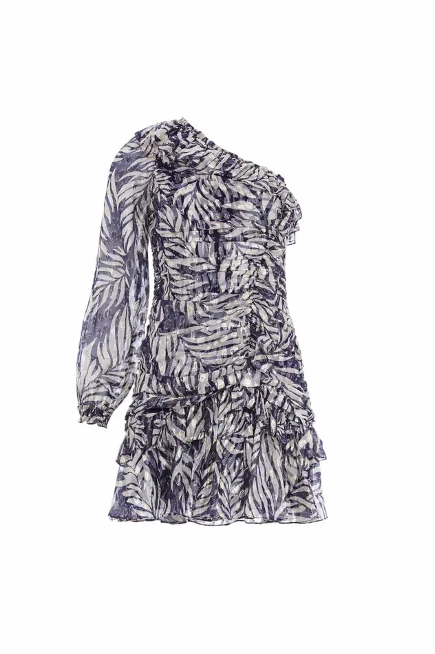 Feather Lurex OneShoulder Micro Mini Dress Blue Women Needle and Thread Dresses