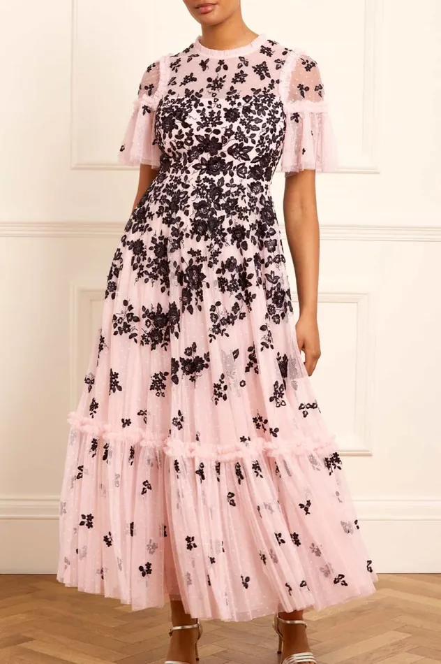 Fluttering Flowers Ankle Gown Pink Women Needle and Thread Dresses