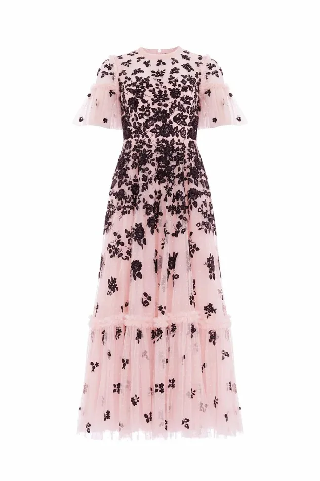 Fluttering Flowers Ankle Gown Pink Women Needle and Thread Dresses