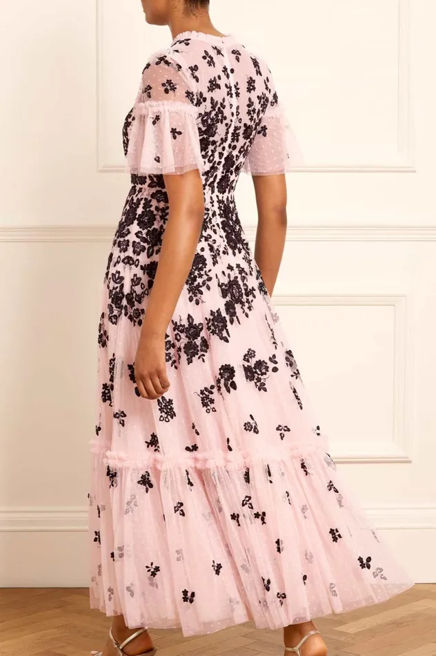 Fluttering Flowers Ankle Gown Pink Women Needle and Thread Dresses