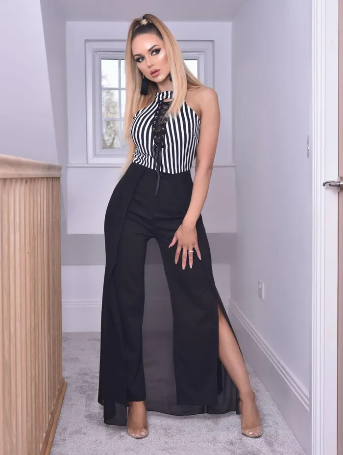 Frankie Pinstipe Turtle Neck Overlay Slit Jumpsuit Women Missfiga Jumpsuits