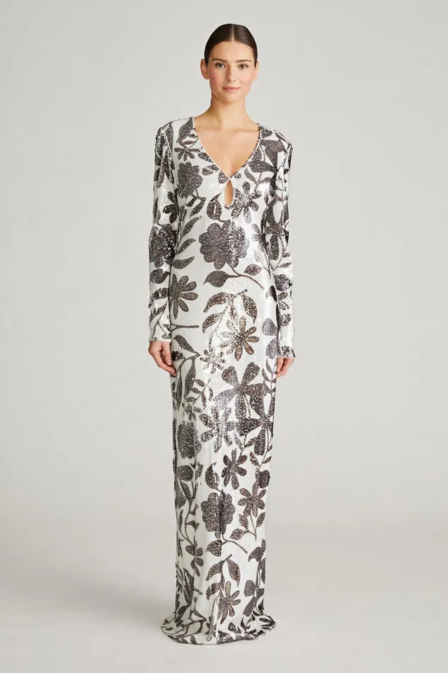 Gowns Women Halston Haru Gown In Daisy Sequin Brown And White Daisy