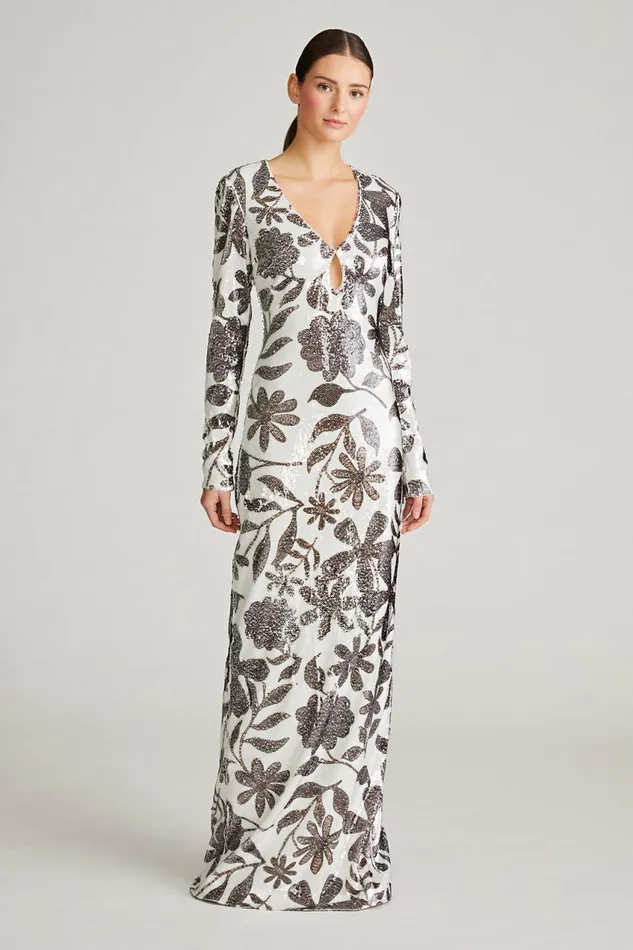 Gowns Women Halston Haru Gown In Daisy Sequin Brown And White Daisy