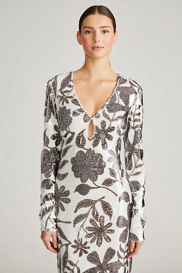 Gowns Women Halston Haru Gown In Daisy Sequin Brown And White Daisy