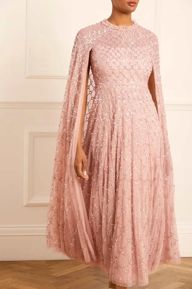 Heart Lattice Ankle Gown Pink Women Needle and Thread Dresses