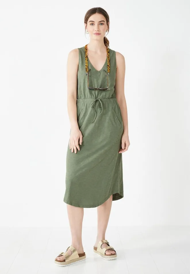 Hush Dresses Women VNeck Cotton Jersey Midi Dress Khaki