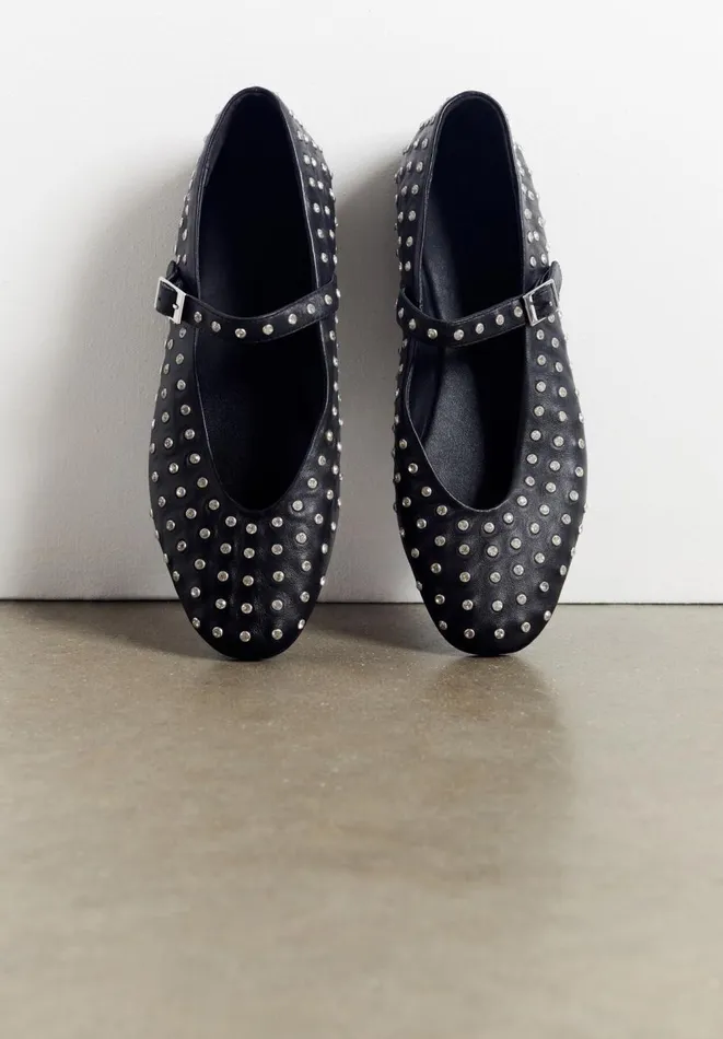 Hush Flats Women Diamante Studded Leather Mary Jane Flats Black