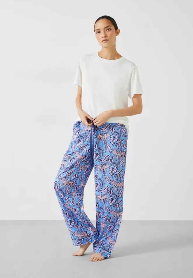 Hush Pyjamas and Nightwear Women Isla Printed Cotton PJ Trousers Jungle Leopard Pinkblue