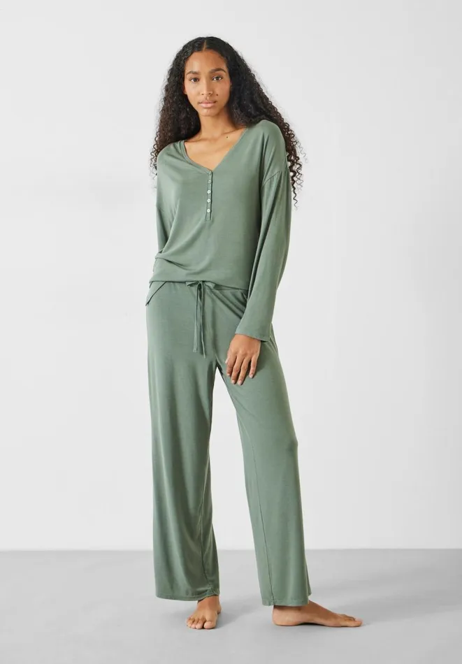 Hush Pyjamas and Nightwear Women Nox Henley PJ Set Grey Green Hush Pyjamas and Nightwear Women Nox Henley PJ Set Grey Green