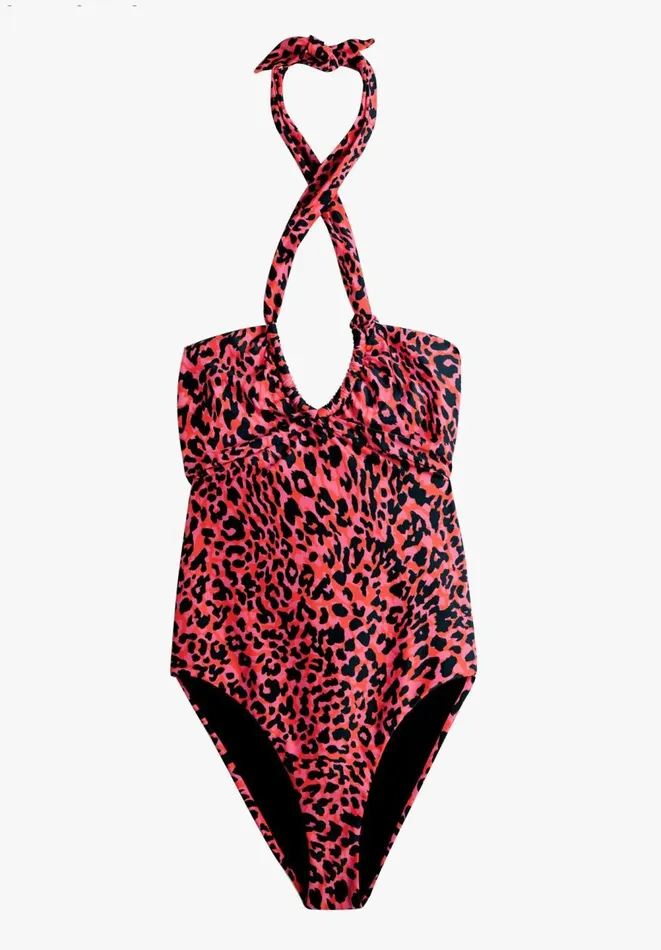 Hush Swimwear and Beachwear Women Ruched Halterneck Swimsuit Orangepink Leopard