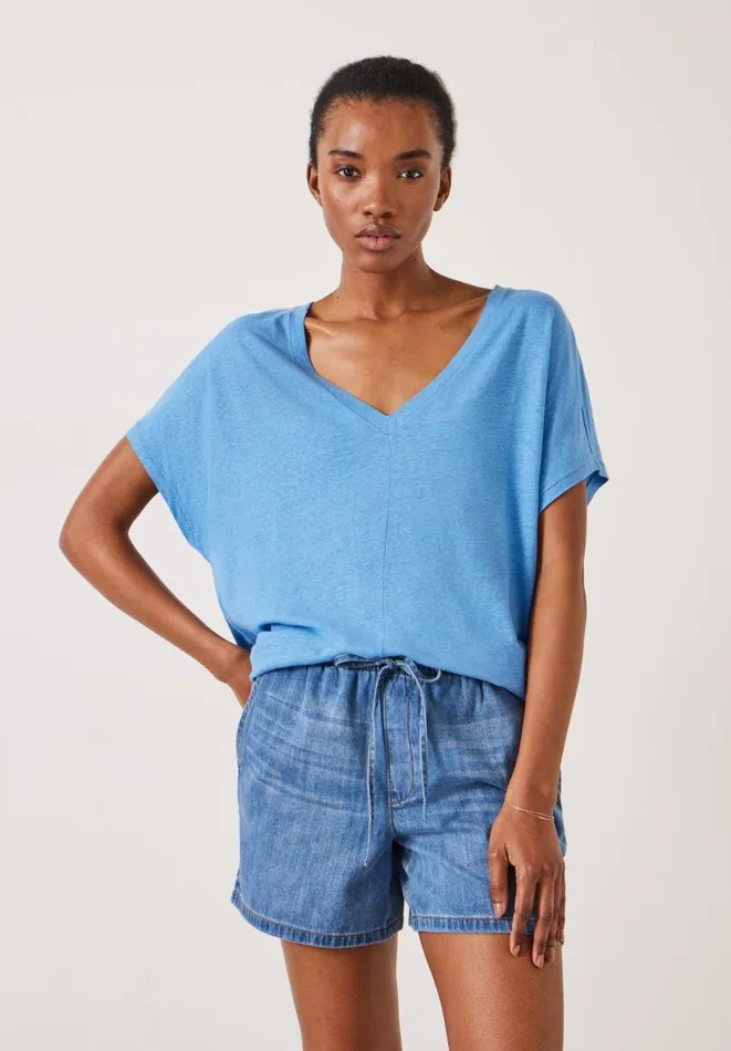 Hush Tops and Tshirts Women Danny Linen VNeck TShirt Bright Blue