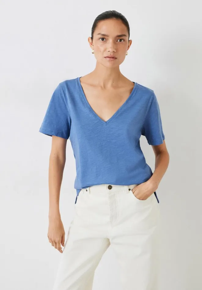 Hush Tops and Tshirts Women Kali Cotton Slub VNeck TShirt Denim Blue