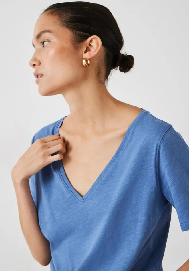 Hush Tops and Tshirts Women Kali Cotton Slub VNeck TShirt Denim Blue