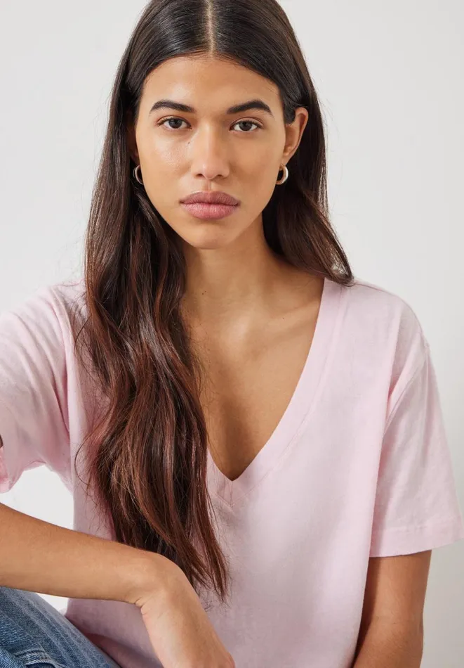 Hush Tops and Tshirts Women Linen Blend Deep V TShirt Pink