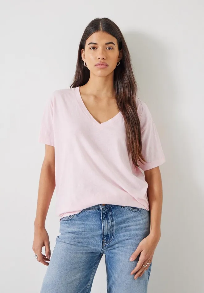 Hush Tops and Tshirts Women Linen Blend Deep V TShirt Pink