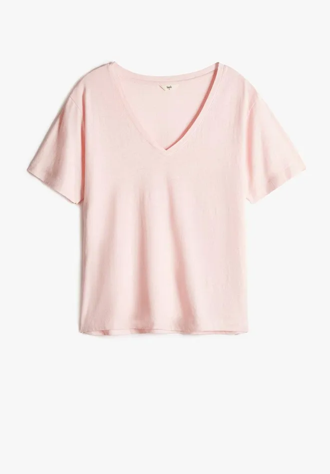 Hush Tops and Tshirts Women Linen Blend Deep V TShirt Pink