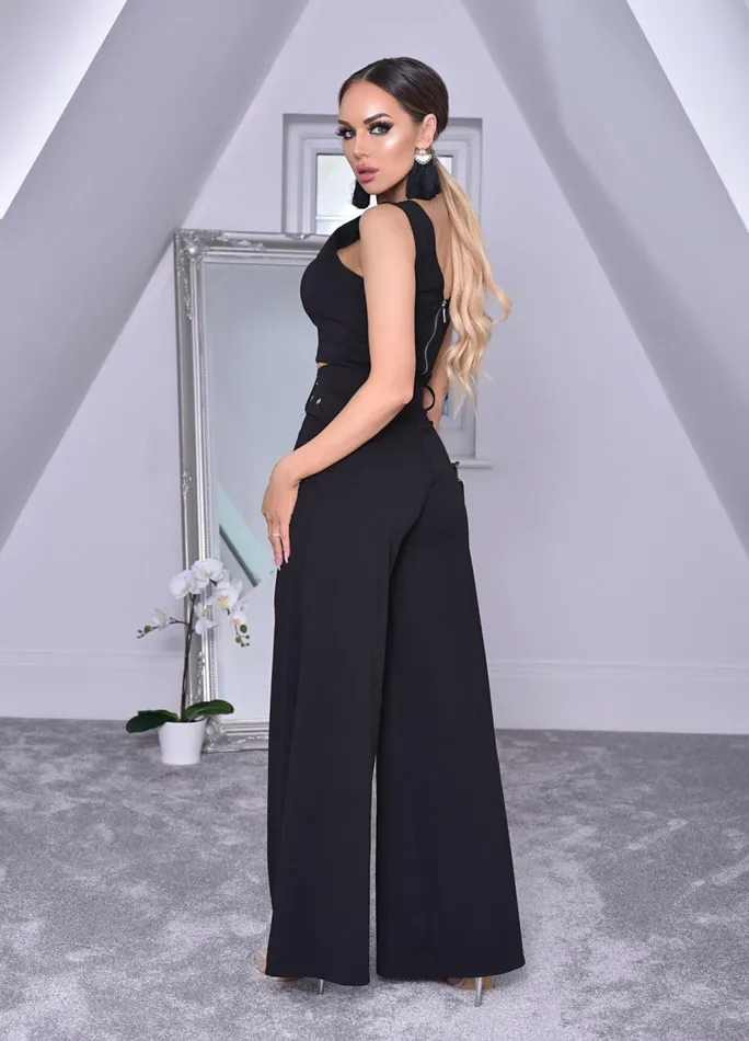 Imogen Black Crop Top And Belted Palazzo CoOrd Set Women Missfiga CoOrds