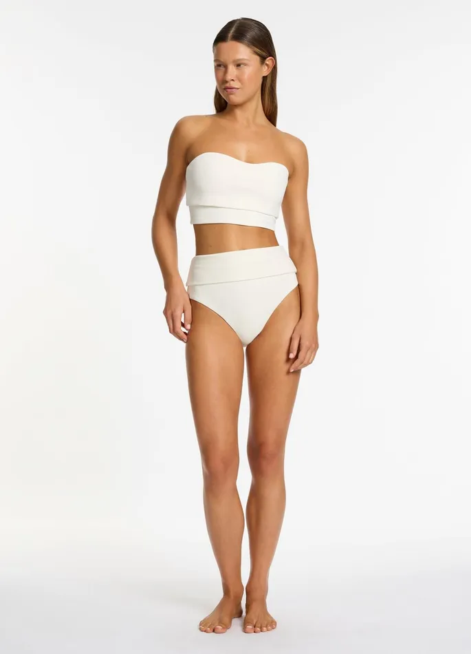 Isla Rib Fold Down High Waisted Bikini Bottom Cream Women JETS Australia High Waist Bikini Bottoms