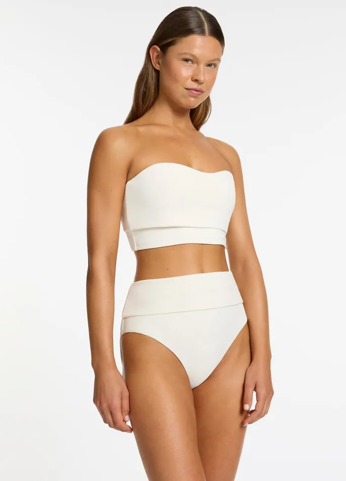 Isla Rib Fold Down High Waisted Bikini Bottom Cream Women JETS Australia High Waist Bikini Bottoms