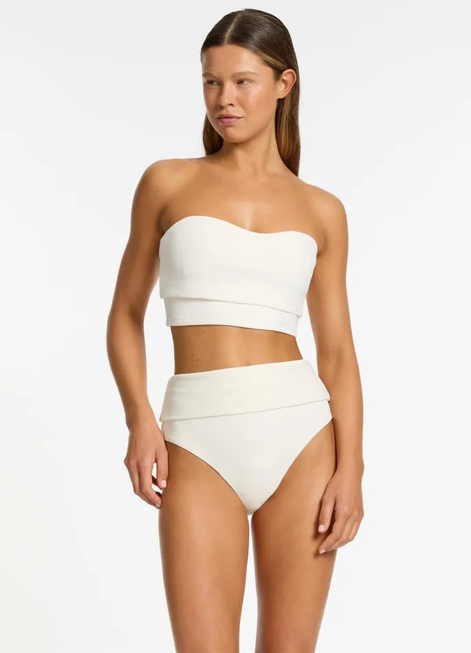 Isla Rib Fold Down High Waisted Bikini Bottom Cream Women JETS Australia High Waist Bikini Bottoms