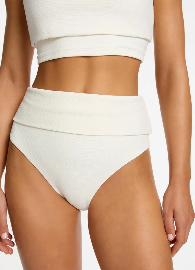 Isla Rib Fold Down High Waisted Bikini Bottom Cream Women JETS Australia High Waist Bikini Bottoms