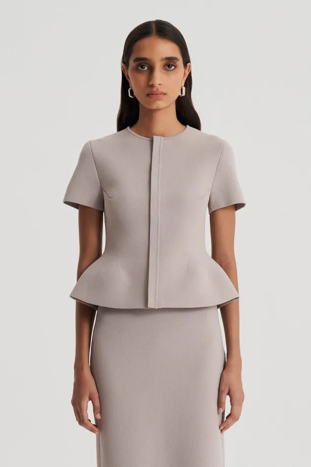 Jackets CREPE KNIT SHORT SLEEVE PEPLUM JACKET OYSTER Scanlan Theodore Women Jackets CREPE KNIT SHORT SLEEVE PEPLUM JACKET OYSTER Scanlan Theodore Women
