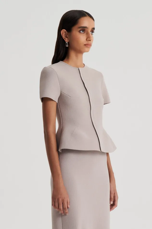 Jackets CREPE KNIT SHORT SLEEVE PEPLUM JACKET OYSTER Scanlan Theodore Women Jackets CREPE KNIT SHORT SLEEVE PEPLUM JACKET OYSTER Scanlan Theodore Women
