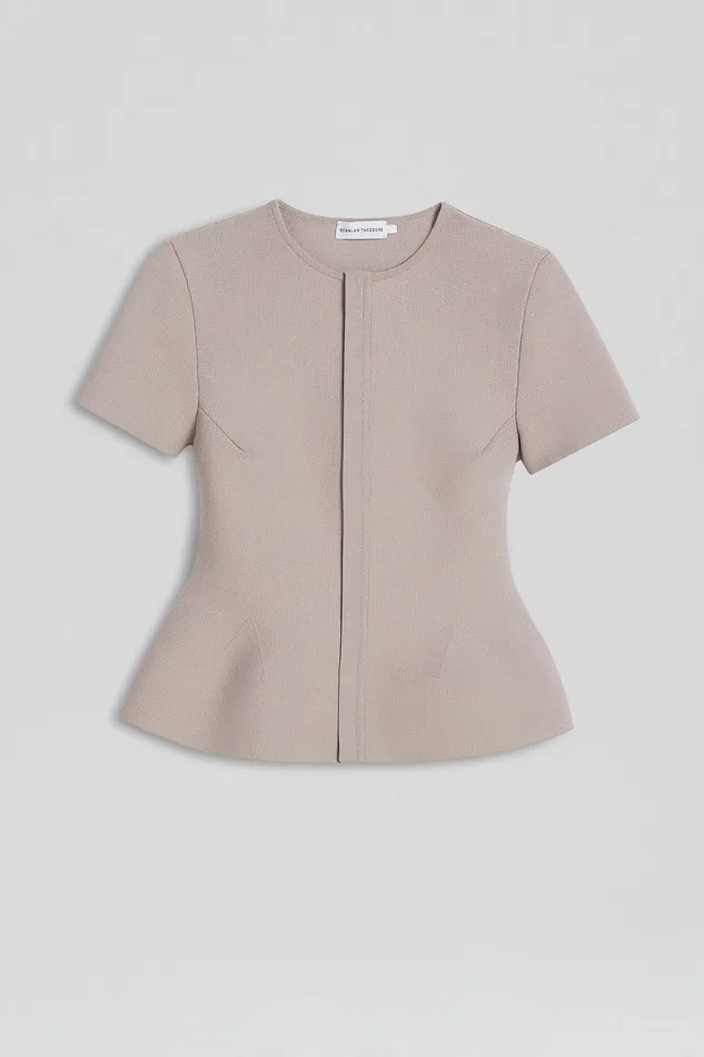 Jackets CREPE KNIT SHORT SLEEVE PEPLUM JACKET OYSTER Scanlan Theodore Women Jackets CREPE KNIT SHORT SLEEVE PEPLUM JACKET OYSTER Scanlan Theodore Women