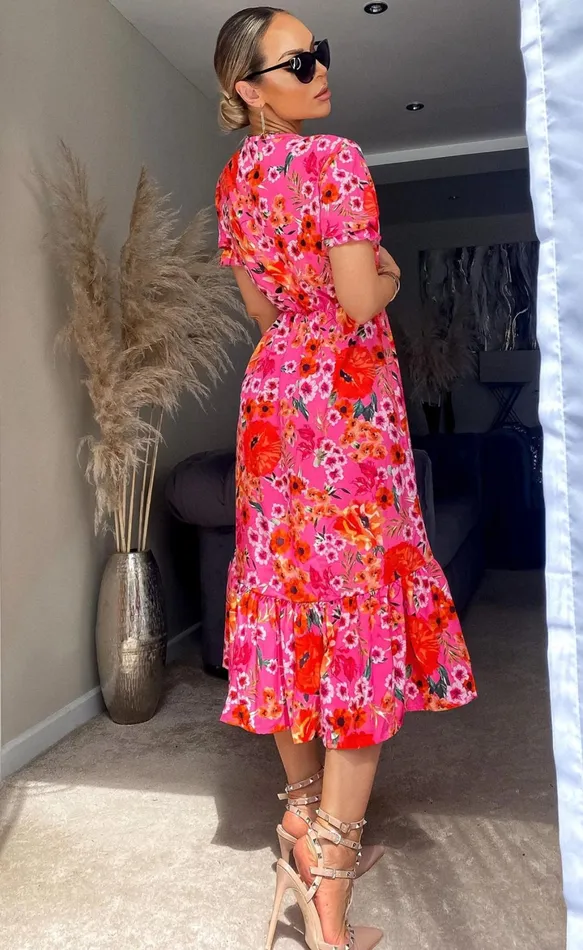 Jolene Red Floral Frill Hem Midi Dress Women Missfiga Skater Dresses