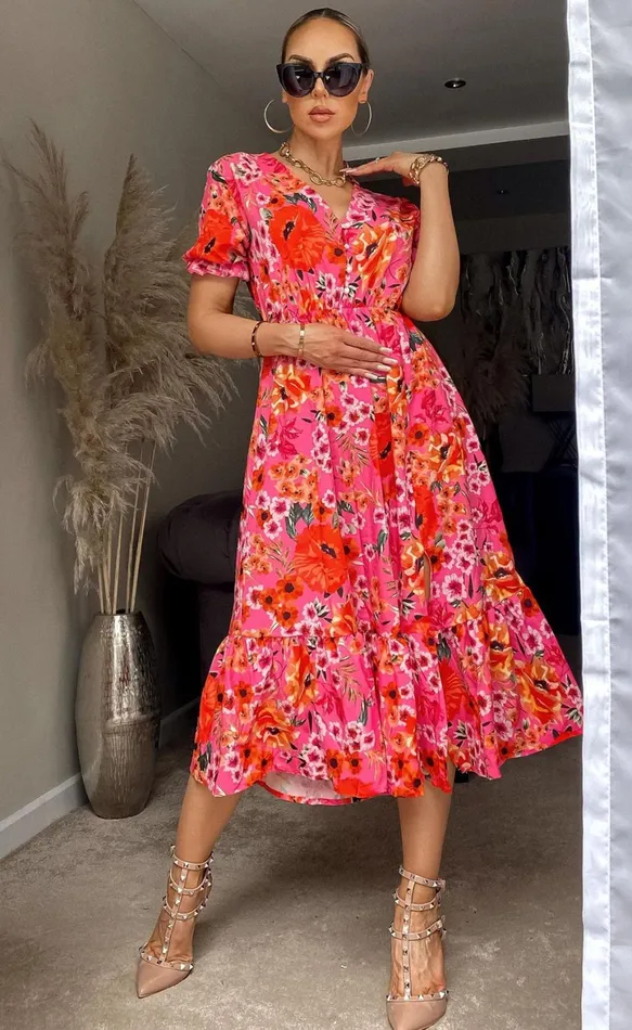Jolene Red Floral Frill Hem Midi Dress Women Missfiga Skater Dresses