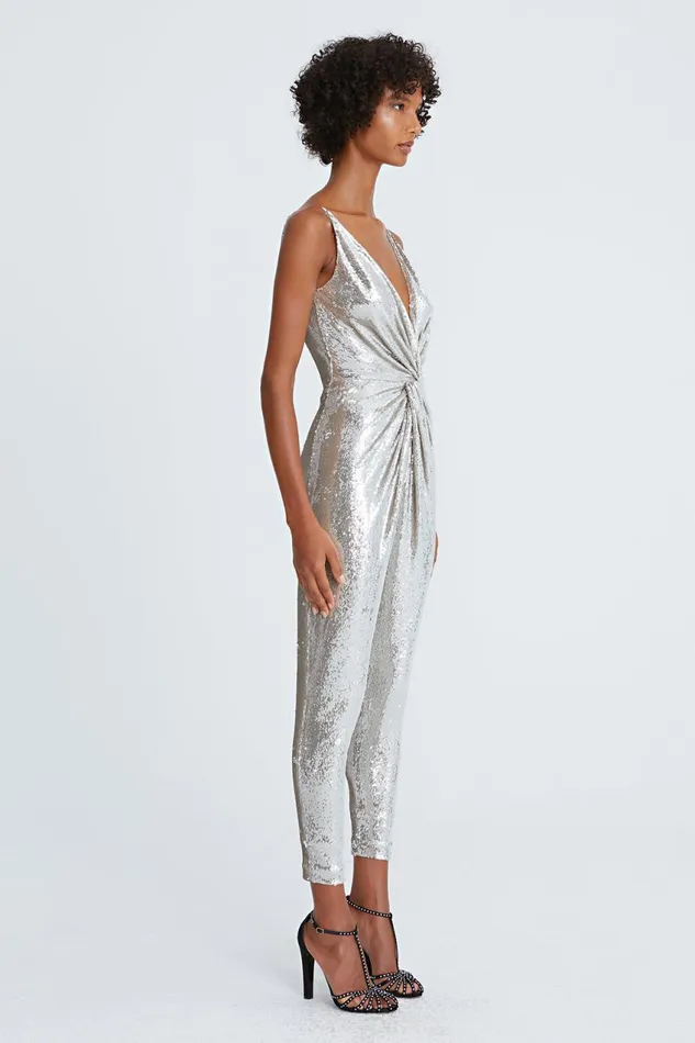 Jumpsuits Women Halston Mariah Sequin Twist Jumpsuit Silver