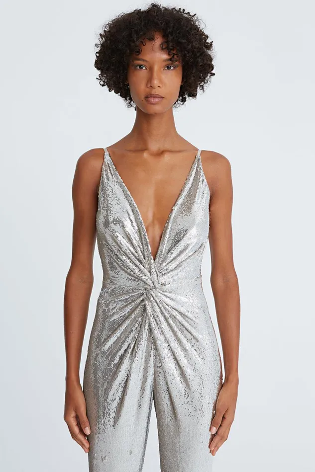 Jumpsuits Women Halston Mariah Sequin Twist Jumpsuit Silver