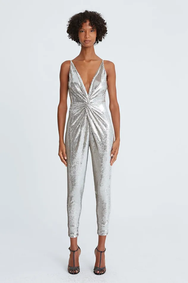 Jumpsuits Women Halston Mariah Sequin Twist Jumpsuit Silver