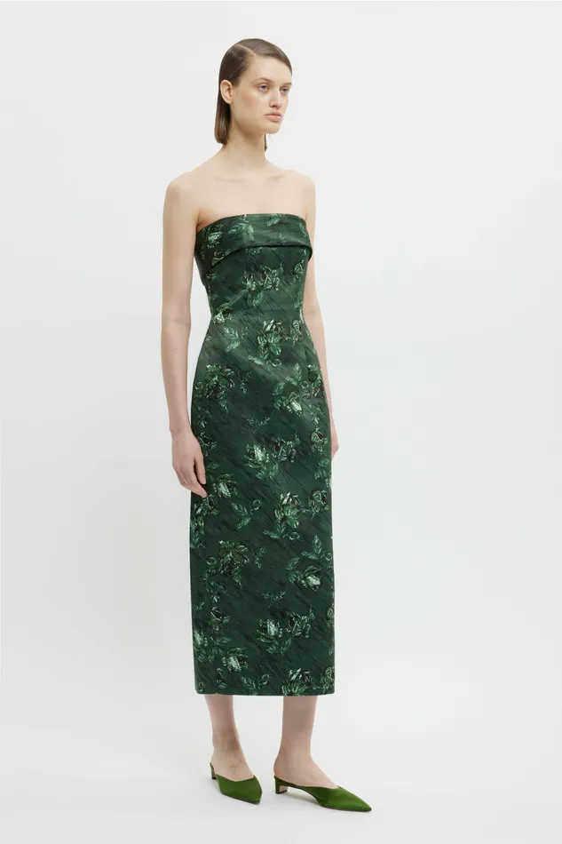 Keeley Strapless Dress In Green Roses Marble Print Dresses Emilia Wickstead Women