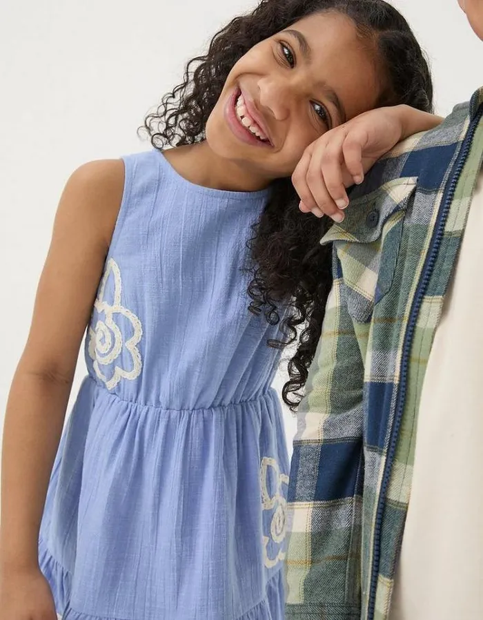 Kids FatFace Dresses and Skirts Embroidered Tiered Dress Washed Blue