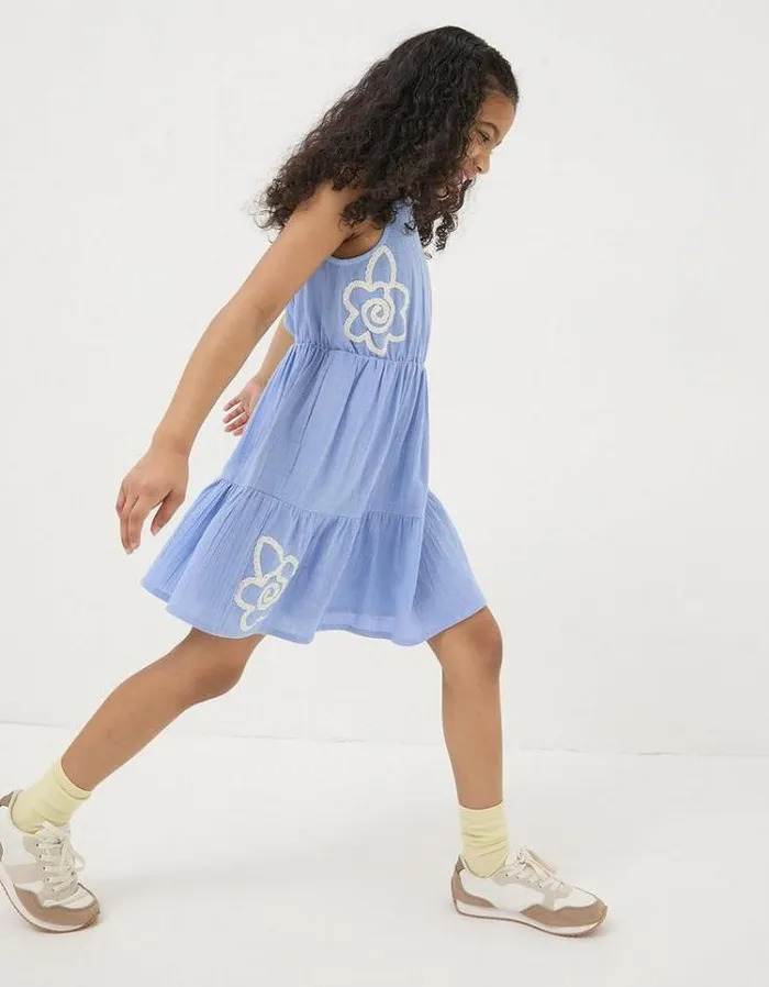 Kids FatFace Dresses and Skirts Embroidered Tiered Dress Washed Blue
