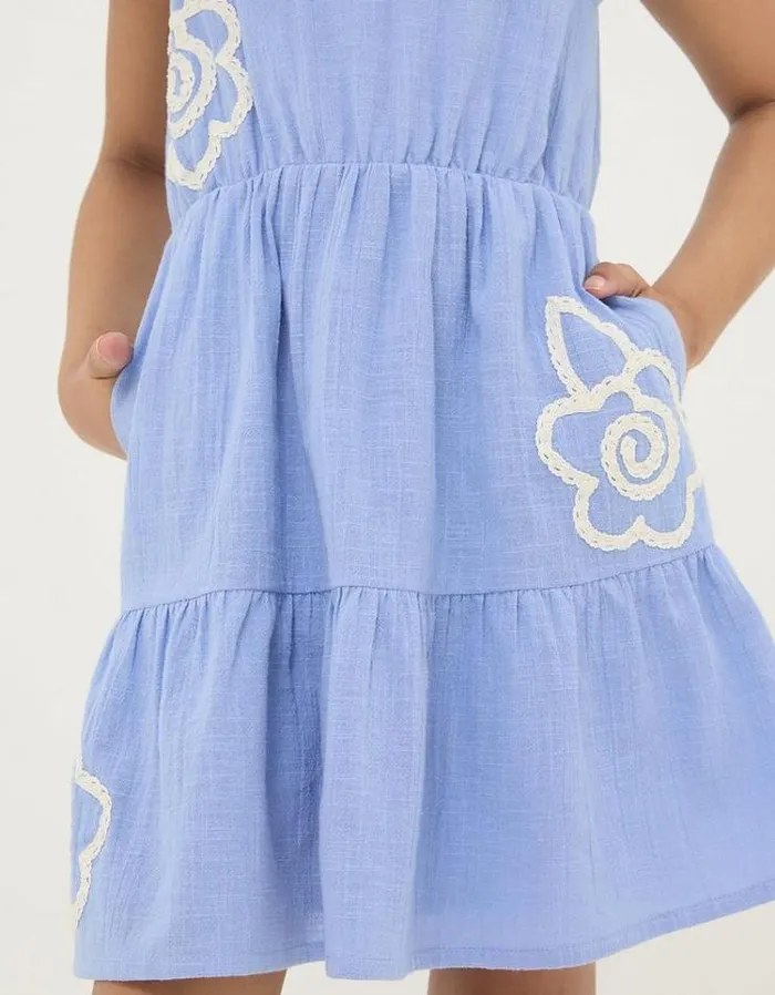 Kids FatFace Dresses and Skirts Embroidered Tiered Dress Washed Blue