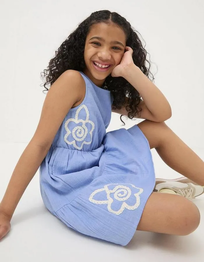Kids FatFace Dresses and Skirts Embroidered Tiered Dress Washed Blue